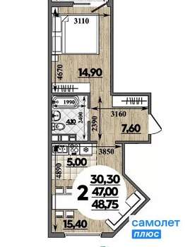 1-к квартира, вторичка, 49м2, 12/18 этаж