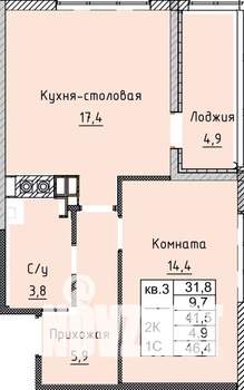 1-к квартира, строящийся дом, 46м2, 2/4 этаж