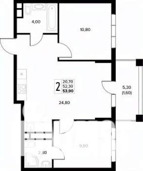 2-к квартира, строящийся дом, 54м2, 4/8 этаж