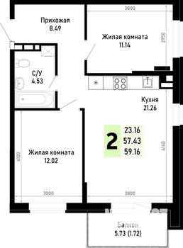 2-к квартира, строящийся дом, 59м2, 1/4 этаж