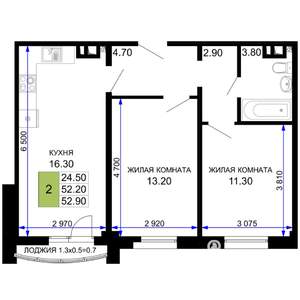2-к квартира, строящийся дом, 53м2, 3/9 этаж