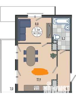 1-к квартира, вторичка, 42м2, 2/7 этаж