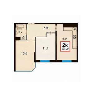 2-к квартира, вторичка, 53м2, 3/16 этаж