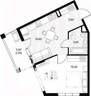1-к квартира, строящийся дом, 39м2, 2/8 этаж