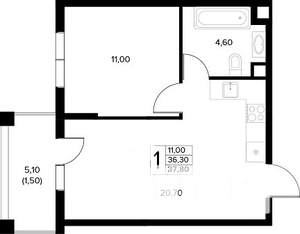 1-к квартира, строящийся дом, 38м2, 2/8 этаж