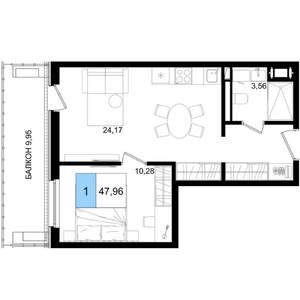 1-к квартира, вторичка, 48м2, 6/9 этаж