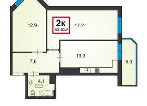 2-к квартира, вторичка, 60м2, 2/16 этаж