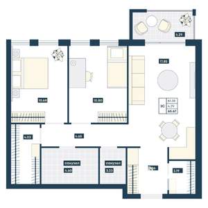 2-к квартира, вторичка, 66м2, 6/9 этаж