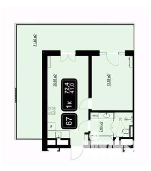 1-к квартира, вторичка, 72м2, 6/9 этаж