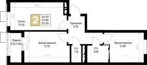 2-к квартира, строящийся дом, 54м2, 3/12 этаж
