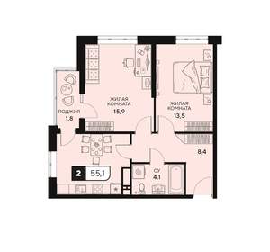 2-к квартира, вторичка, 55м2, 9/15 этаж