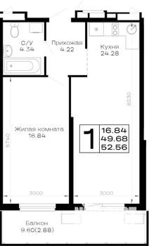 1-к квартира, вторичка, 53м2, 1/4 этаж