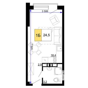 1-к квартира, строящийся дом, 25м2, 9/9 этаж