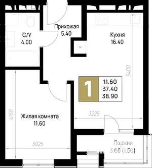 1-к квартира, строящийся дом, 39м2, 3/12 этаж