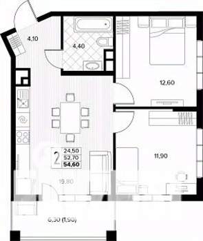 2-к квартира, строящийся дом, 55м2, 8/8 этаж