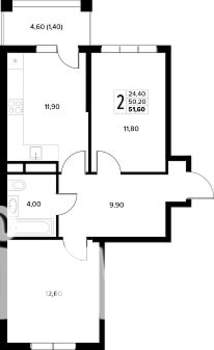 2-к квартира, строящийся дом, 52м2, 4/8 этаж
