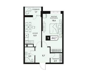 1-к квартира, вторичка, 45м2, 9/15 этаж