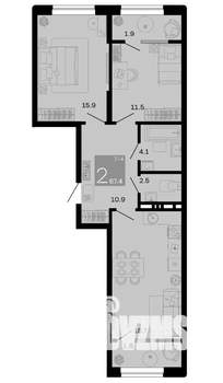 2-к квартира, вторичка, 67м2, 5/12 этаж
