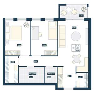 2-к квартира, вторичка, 66м2, 4/9 этаж