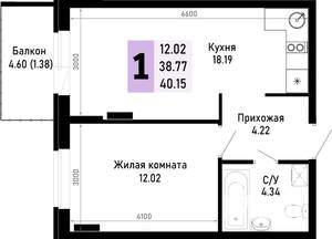 1-к квартира, вторичка, 40м2, 1/4 этаж
