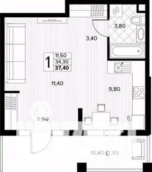 1-к квартира, строящийся дом, 37м2, 1/8 этаж