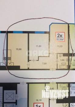 2-к квартира, вторичка, 52м2, 7/15 этаж