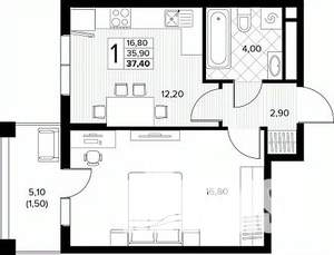 1-к квартира, строящийся дом, 37м2, 2/8 этаж
