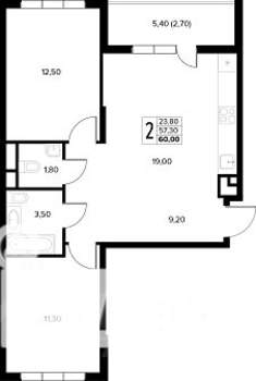 2-к квартира, строящийся дом, 60м2, 2/8 этаж