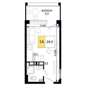 1-к квартира, строящийся дом, 24м2, 6/9 этаж
