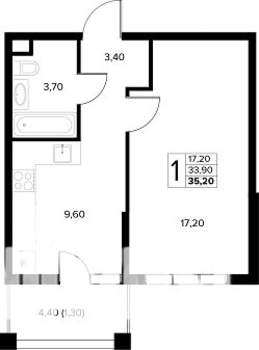 1-к квартира, строящийся дом, 35м2, 2/8 этаж