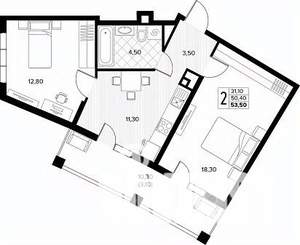 2-к квартира, строящийся дом, 54м2, 5/8 этаж