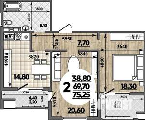 2-к квартира, строящийся дом, 75м2, 7/16 этаж