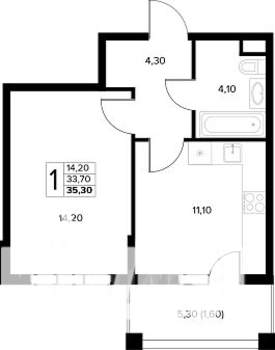 1-к квартира, строящийся дом, 35м2, 2/8 этаж