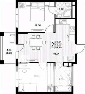 2-к квартира, строящийся дом, 54м2, 7/8 этаж