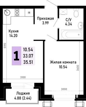 1-к квартира, вторичка, 36м2, 4/4 этаж