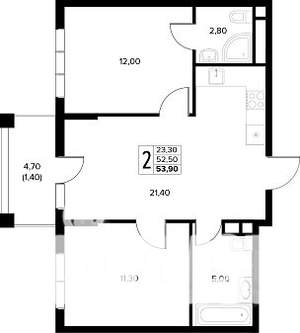 2-к квартира, строящийся дом, 54м2, 3/8 этаж