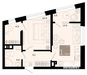1-к квартира, вторичка, 39м2, 4/8 этаж