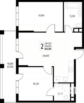 2-к квартира, вторичка, 62м2, 4/8 этаж