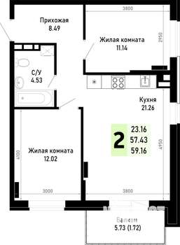 2-к квартира, строящийся дом, 59м2, 4/4 этаж