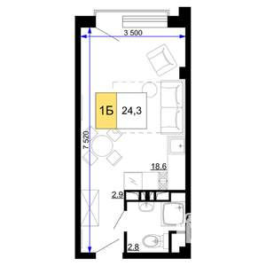1-к квартира, вторичка, 24м2, 4/9 этаж
