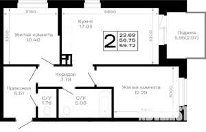 2-к квартира, строящийся дом, 60м2, 2/4 этаж