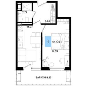 1-к квартира, строящийся дом, 44м2, 4/8 этаж