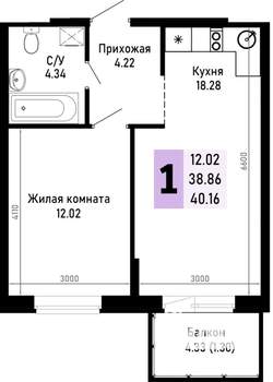 1-к квартира, строящийся дом, 40м2, 1/4 этаж