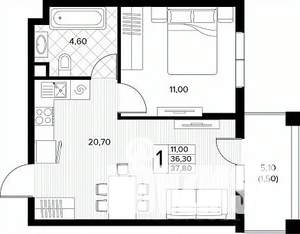 1-к квартира, вторичка, 38м2, 2/8 этаж