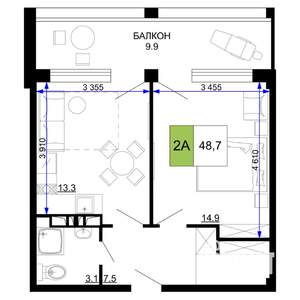 2-к квартира, строящийся дом, 49м2, 3/9 этаж