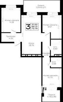3-к квартира, строящийся дом, 73м2, 1/4 этаж