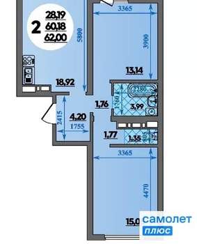 2-к квартира, вторичка, 62м2, 6/18 этаж