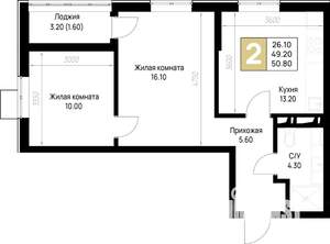 2-к квартира, строящийся дом, 51м2, 3/12 этаж