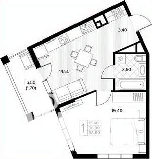 1-к квартира, вторичка, 39м2, 3/8 этаж