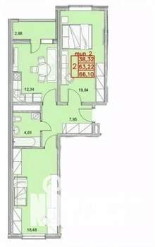 2-к квартира, вторичка, 66м2, 1/18 этаж